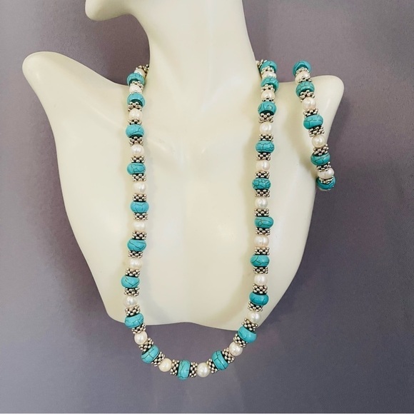 Necklace Bracelet Set Freshwater Pearl Howlite Turquoise Beads - Picture 1 of 5